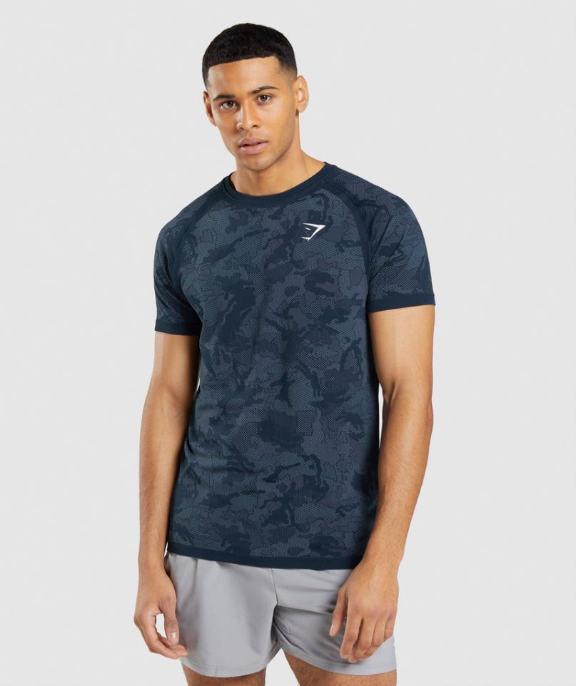 Men\'s Gymshark Geo Seamless T-Shirts Navy | NZ 7NSKAT